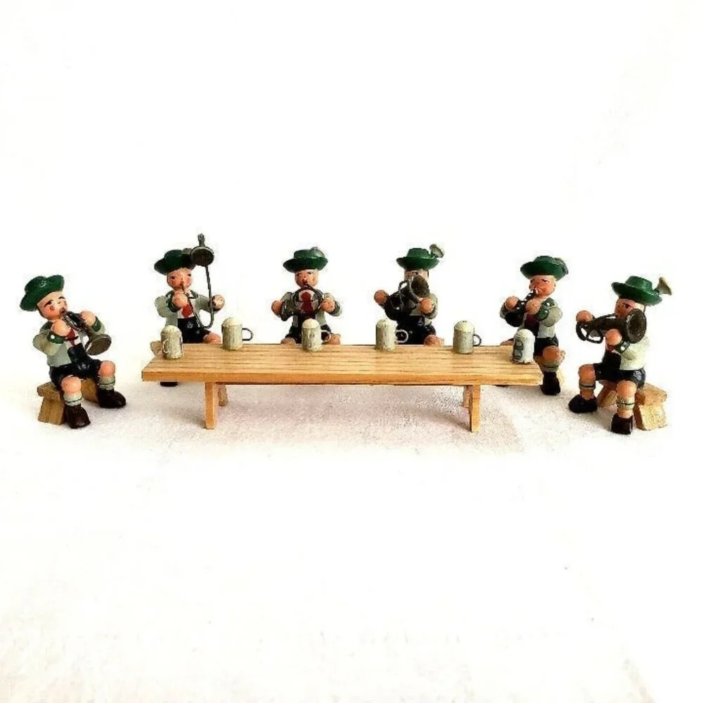 Octoberfest Hand Carved Figurines Set of 6 w/Miniature Table and Beers